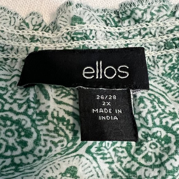ellos Women's Top Green Geometric Short Sleeve Size 2X Blouse Cotton Tie Neck - Picture 3 of 6